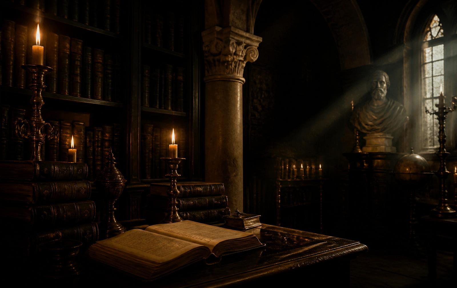 Biblioteca antiga iluminada por velas — símbolo da tradição estudada no método